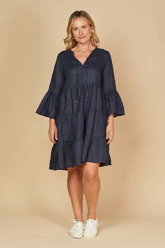 Scout Tiered Linen Dress in Navy