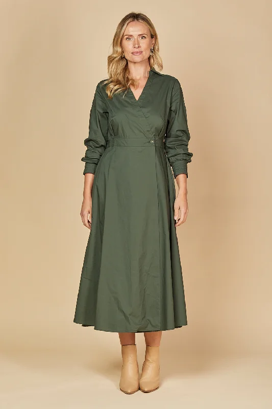 Wendy Poplin Wrap Dress in Bottle Green