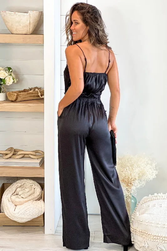 Black Draped Neckline Jumpsuit With Pockets