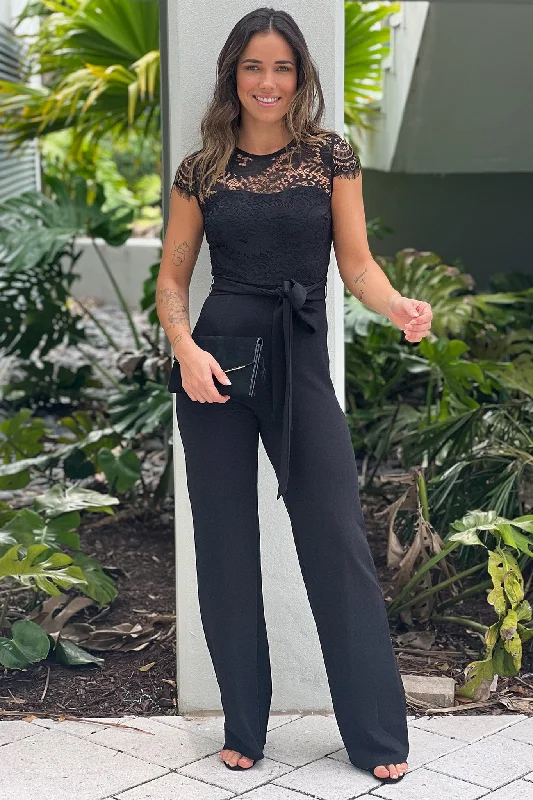 Black Lace Top Jumpsuit With Belt