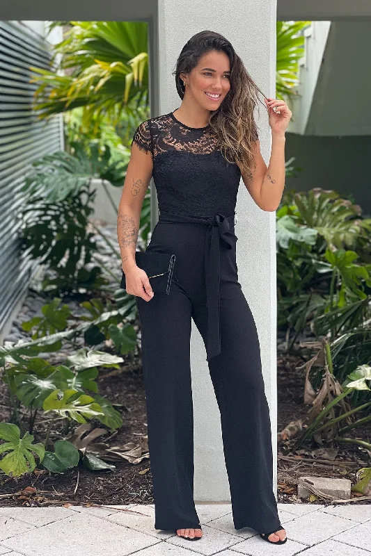 Black Lace Top Jumpsuit With Belt