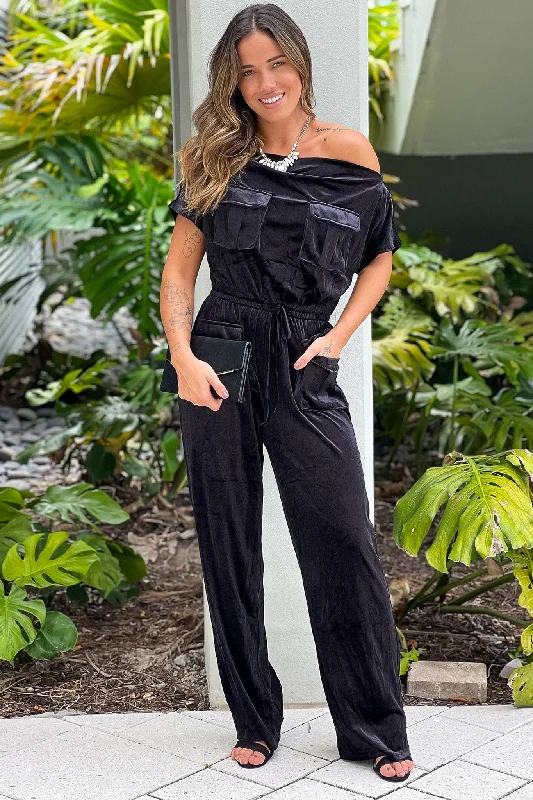 Black Off Shoulder Velvet Jumpsuit