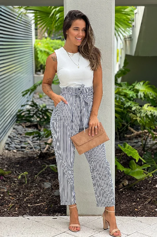 Black Striped Jumpsuit With Tie Belt