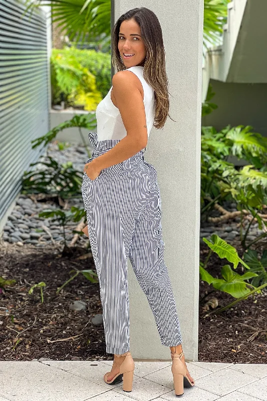 Black Striped Jumpsuit With Tie Belt