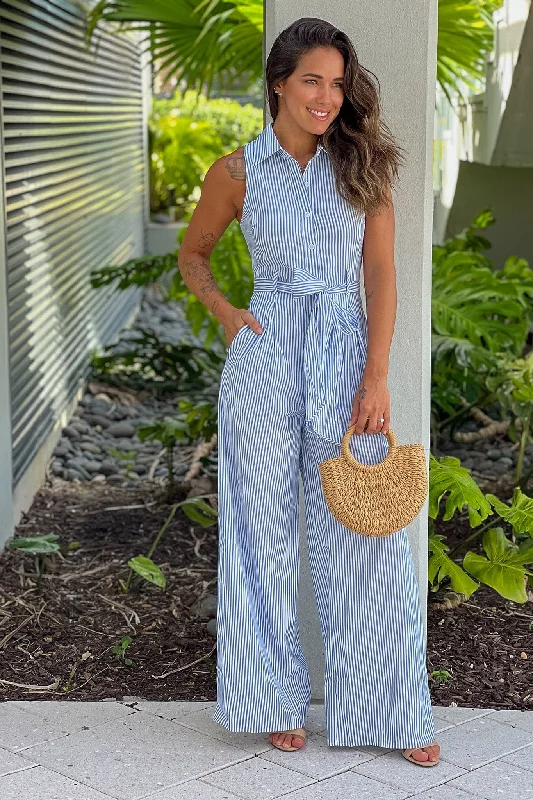 Blue Striped Button Down Jumpsuit