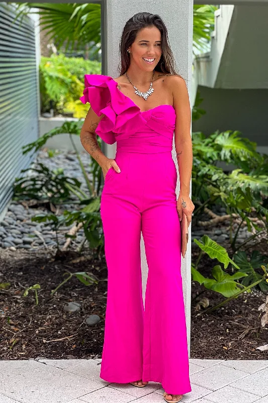 Fuchsia One Shoulder Ruffle Jumpsuit