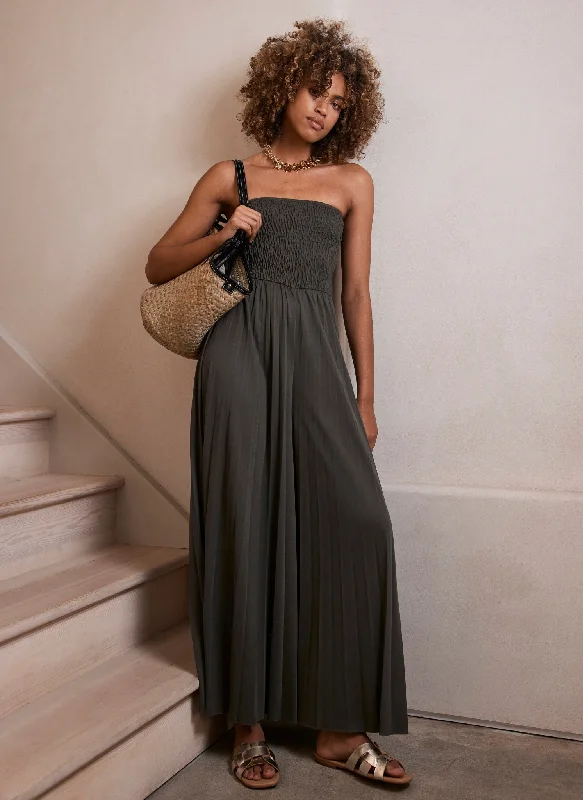 Khaki Pleated Bandeau Wide Jumpsuit