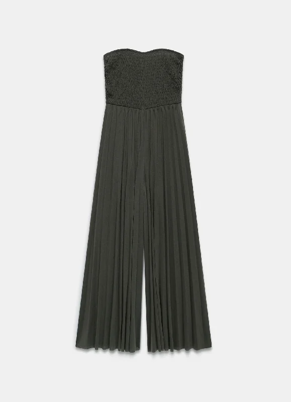 Khaki Pleated Bandeau Wide Jumpsuit