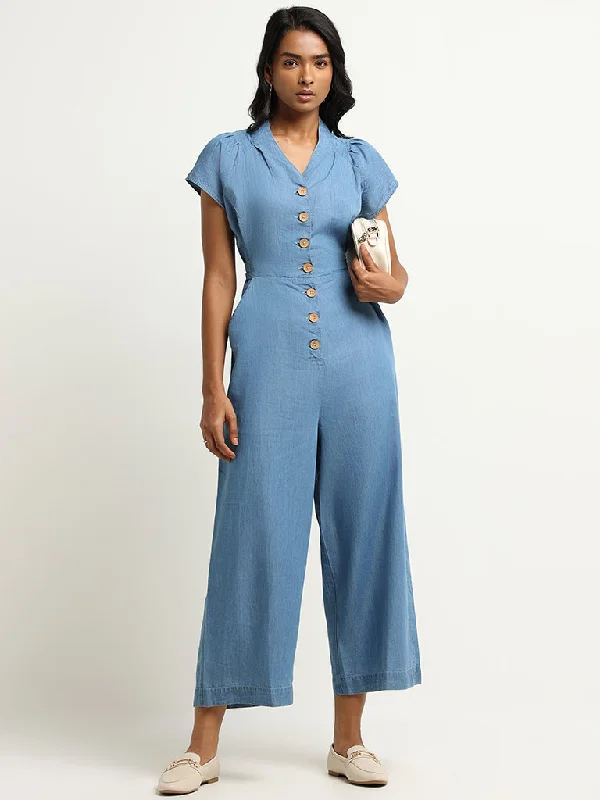 LOV Blue Buttoned Cotton Blend Jumpsuit