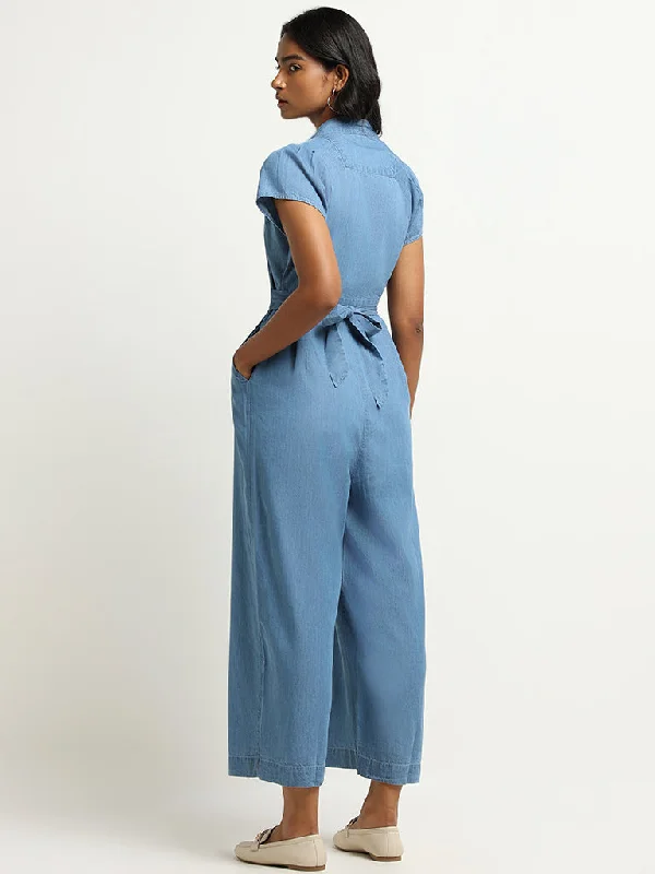 LOV Blue Buttoned Cotton Blend Jumpsuit