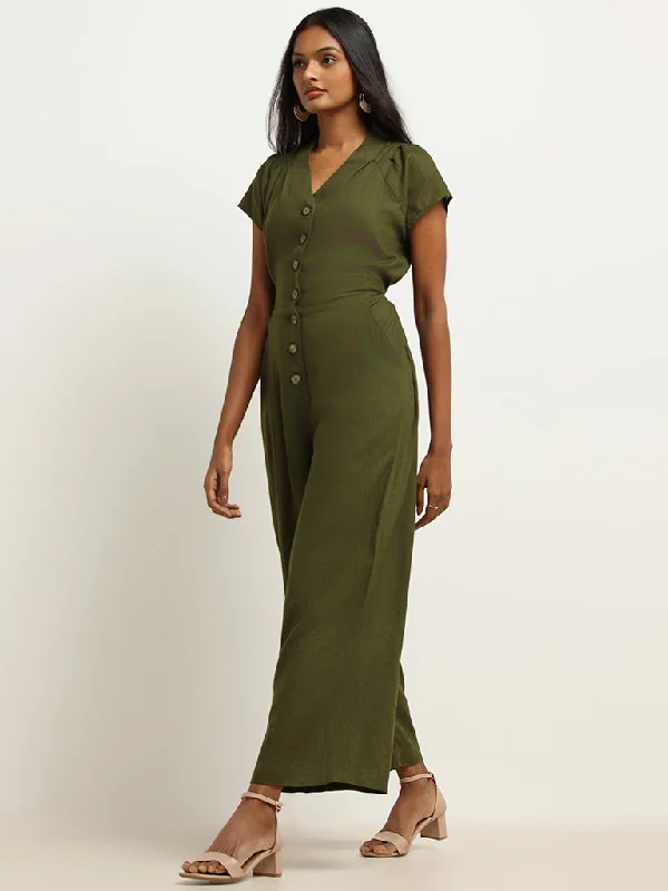 LOV Green Solid Blended Linen Jumpsuit