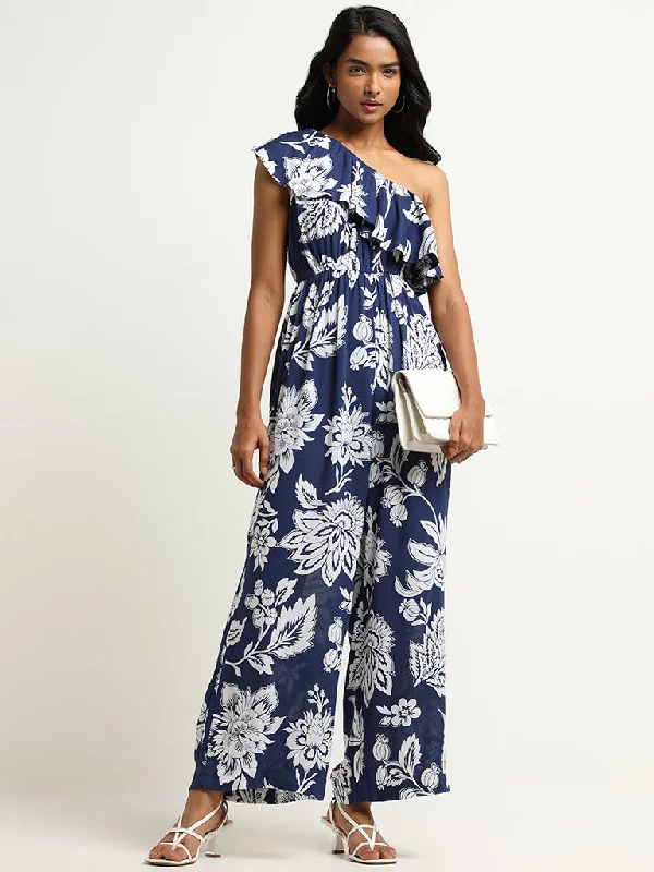 LOV Navy Floral One-Shoulder Jumpsuit