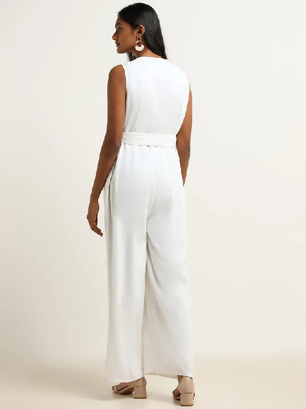 LOV White Blended Linen Jumpsuit with Belt