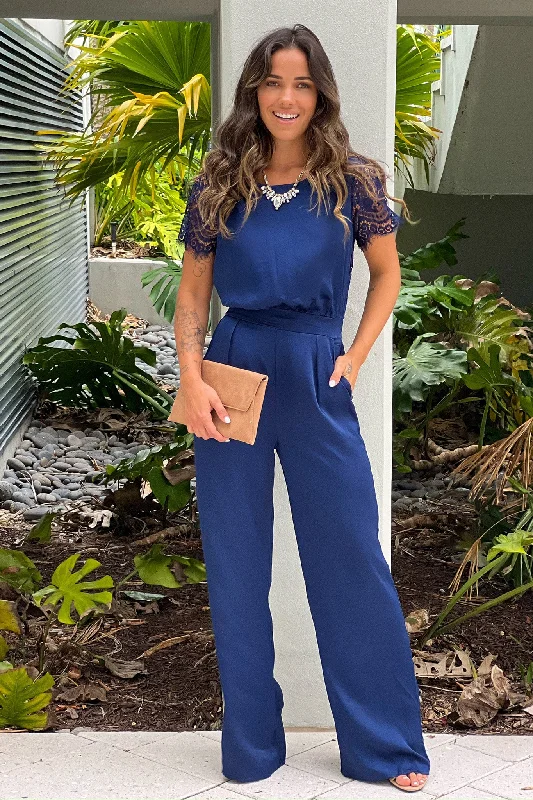 Navy Jumpsuit With Lace Back And Sleeves