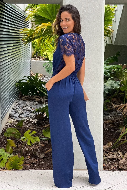 Navy Jumpsuit With Lace Back And Sleeves