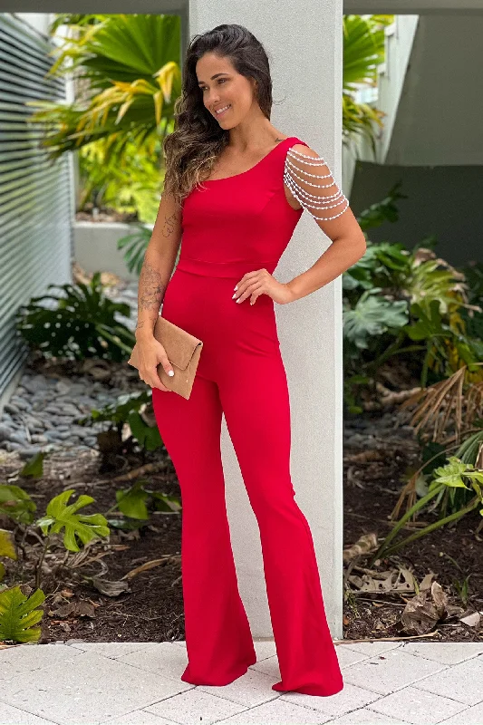 Red One Shoulder Jumpsuit With Faux Pearl Detail