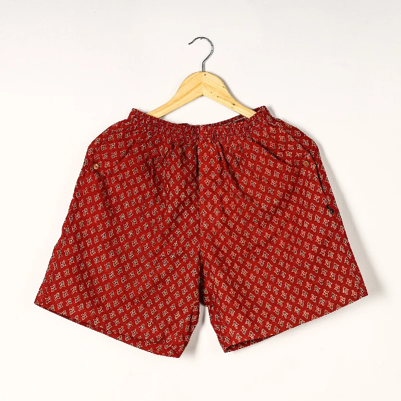 Red - Ajrakh Block Printed Cotton Unisex Boxer/Shorts