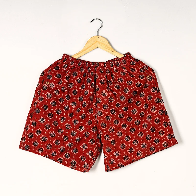 Red - Ajrakh Block Printed Cotton Unisex Boxer/Shorts