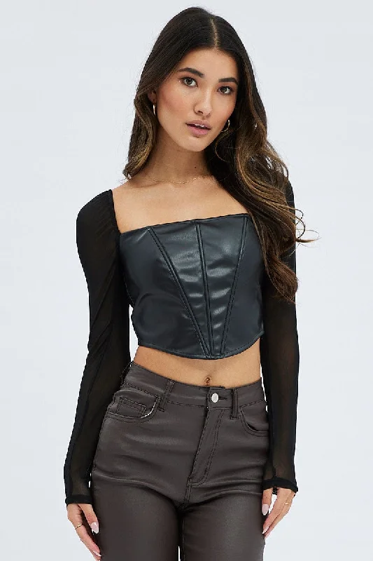 Black Corset Top Long Sleeve Square Neck Faux Leather