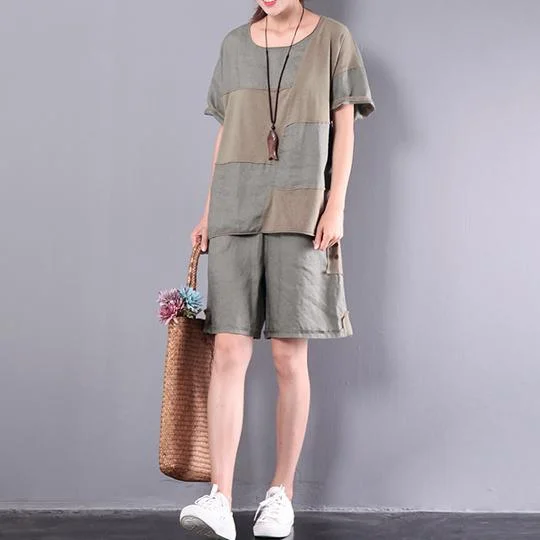 blackish green linen patchwork casual two pieces oversize short sleeve tops and shorts