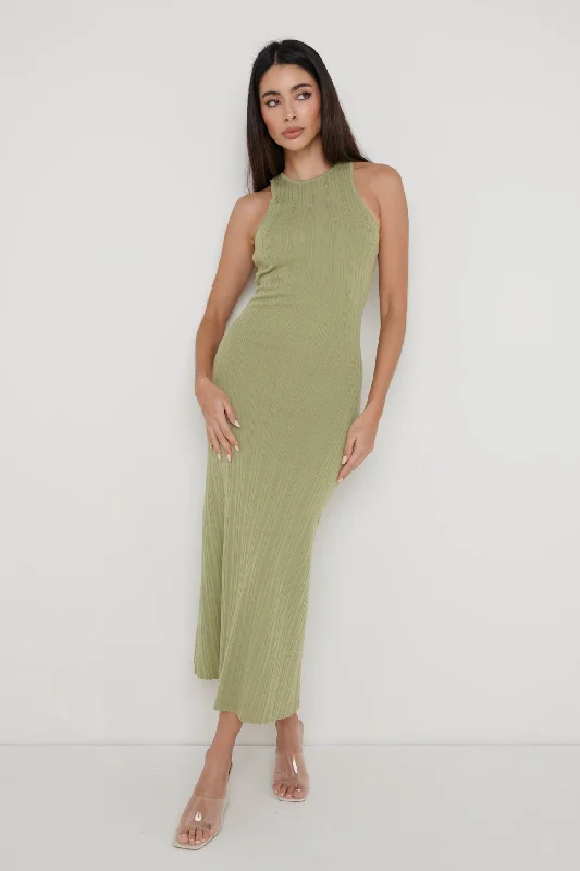 Bonnie Plisse Knit Midaxi Dress - Olive