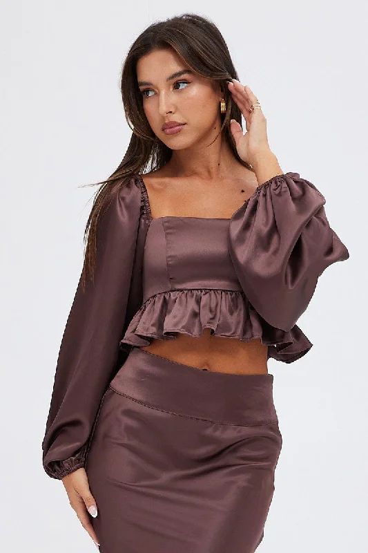 Brown Crop Top Long Sleeve Square Neck Frill Hem Satin