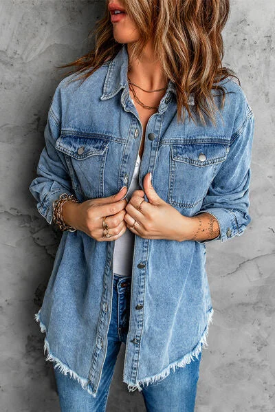 button-up-pocketed-raw-hem-denim-jacket