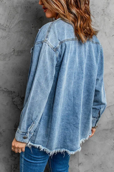 button-up-pocketed-raw-hem-denim-jacket