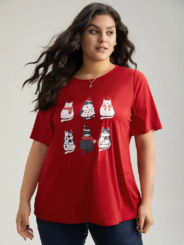 Christmas Cat Print Round Neck T-shirt