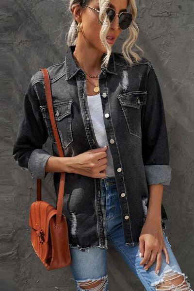 distressed-button-up-raw-hem-denim-jacket