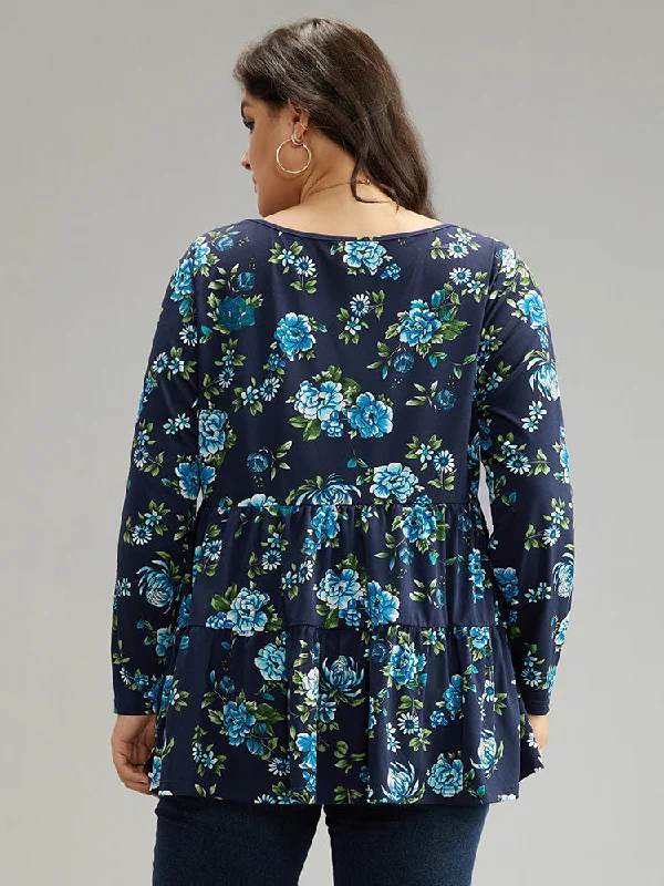 floral-print-flutter-hem-gathered-t-shirt