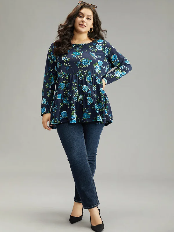 floral-print-flutter-hem-gathered-t-shirt