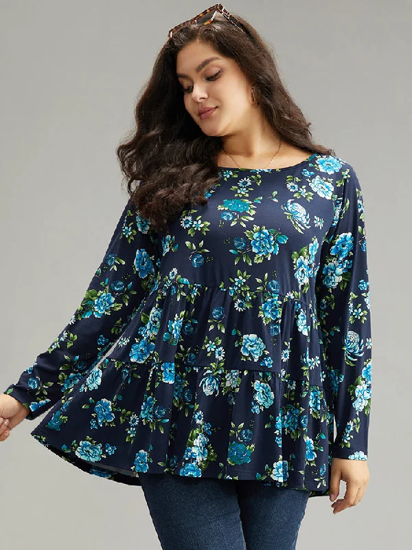 floral-print-flutter-hem-gathered-t-shirt