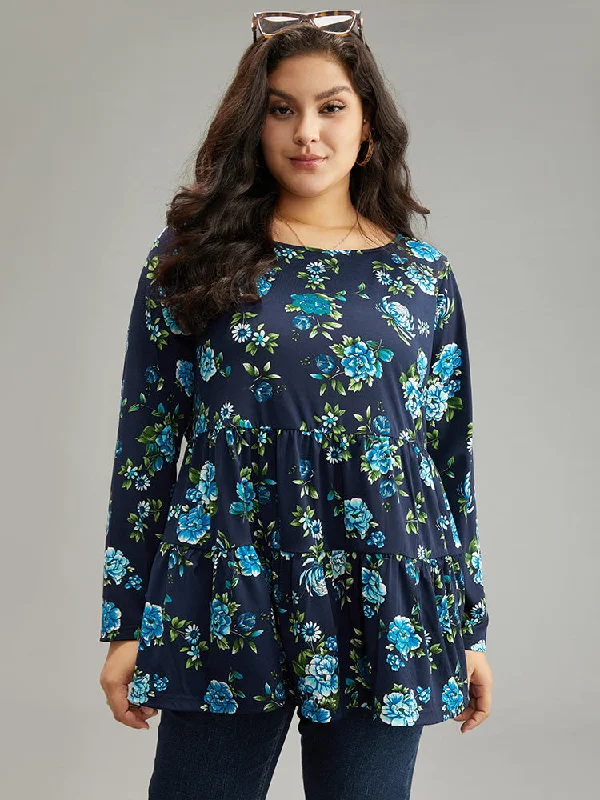 floral-print-flutter-hem-gathered-t-shirt