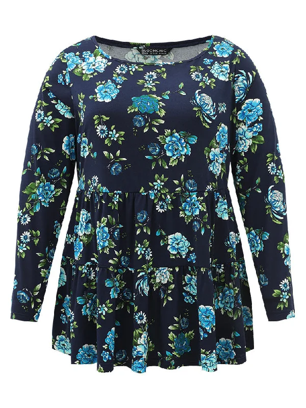 floral-print-flutter-hem-gathered-t-shirt