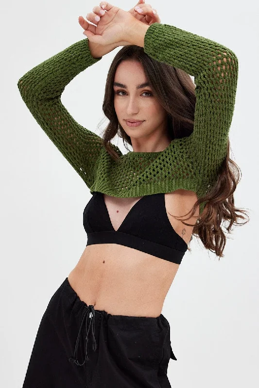 Green Knit Top Long Sleeve Openwork Cropped