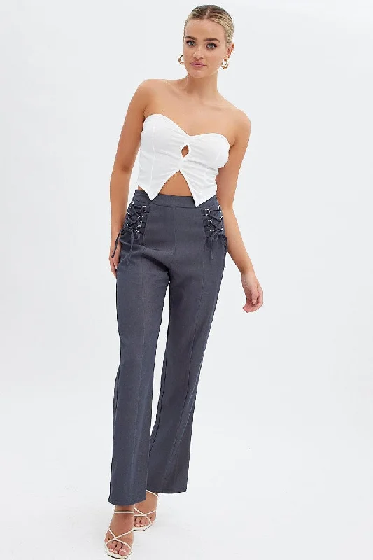 Grey Straight Leg Pants High Rise Tailored Lace Up