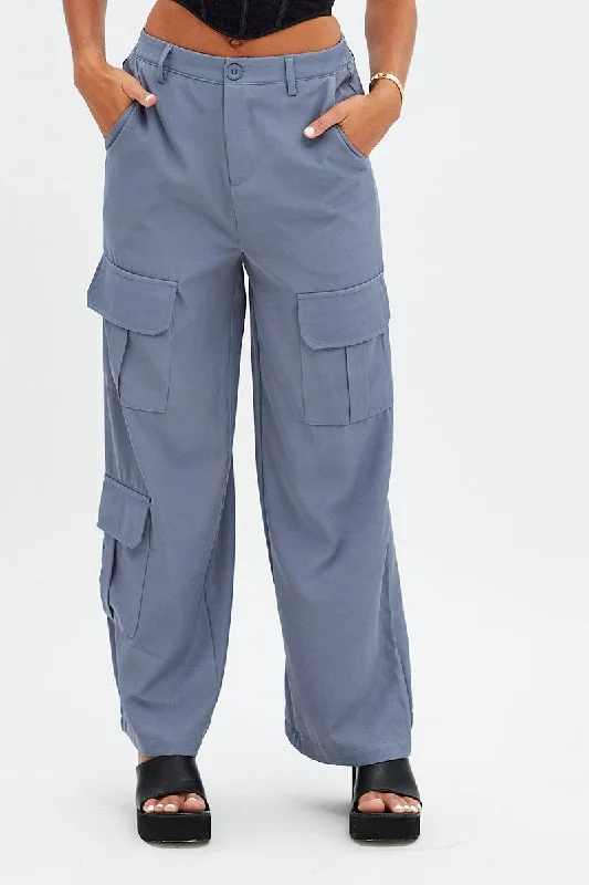 Grey Wide Leg Pants Cargo Pockets