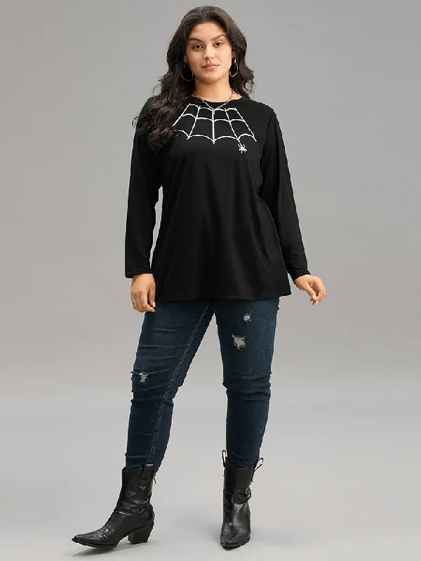 halloween-spider-web-print-round-neck-t-shirt