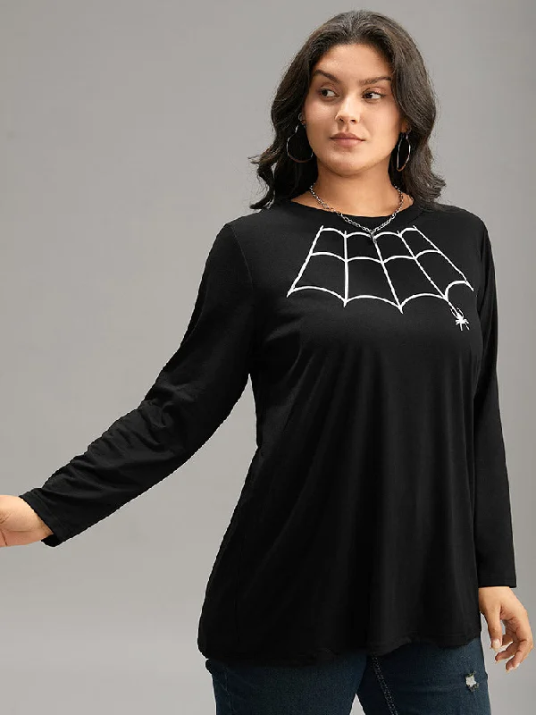 halloween-spider-web-print-round-neck-t-shirt