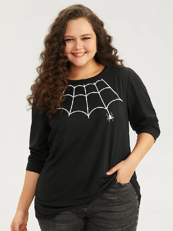 halloween-spider-web-print-round-neck-t-shirt