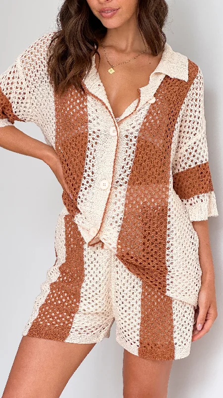 Kadri Knit Button Up Shirt and Shorts Set - Brown / Beige