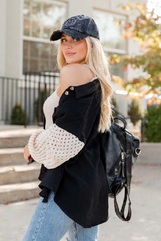 keep-shining-black-and-cream-color-block-crochet-sleeve-gauze-shacket