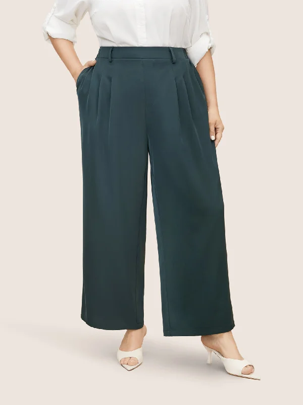 Mid Rise Elastic Waist Pleated Wide Leg Pants