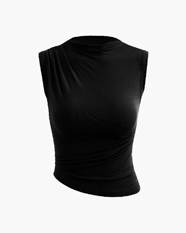 Mock Neck Asymmetric Ruched Tank Top In Black