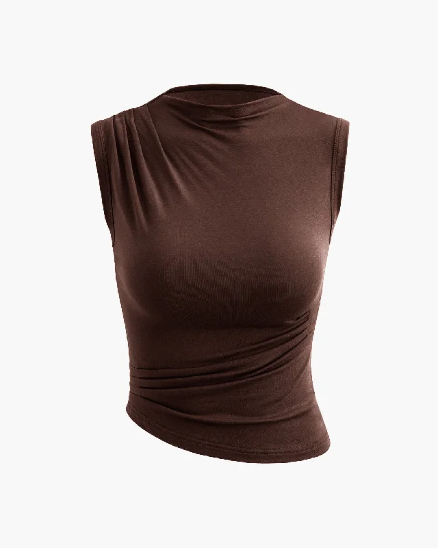 Mock Neck Asymmetric Ruched Tank Top In Chocolate Brown