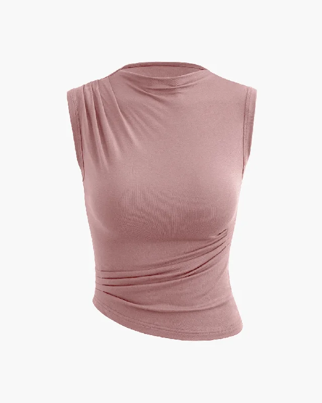 Mock Neck Asymmetric Ruched Tank Top In Dusty Pink