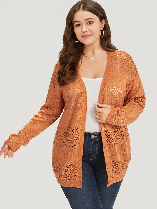 Plain Geometric Eyelet Button Through Loose Cardigan