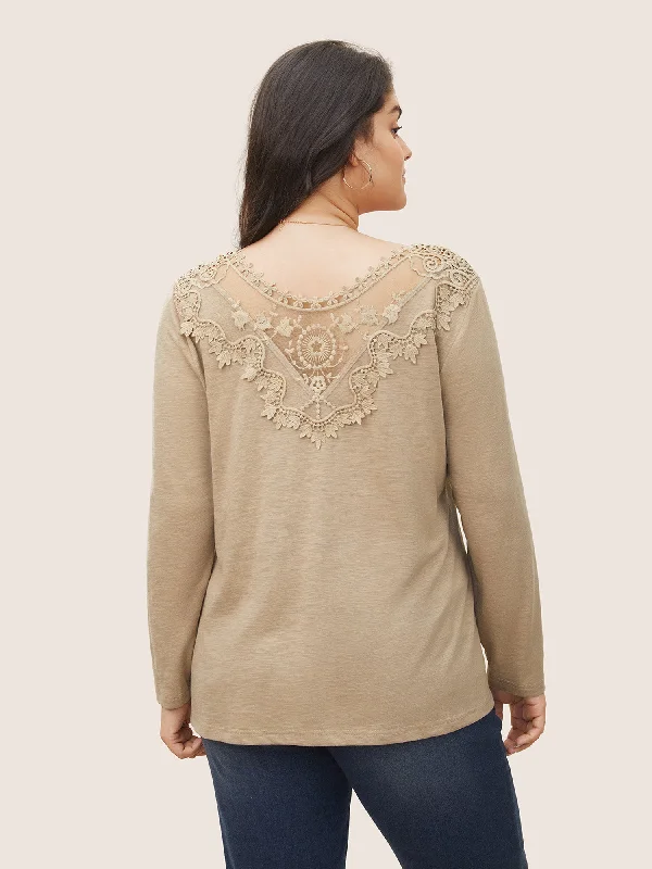 Plain Heather Lace Mesh Patchwork T-shirt