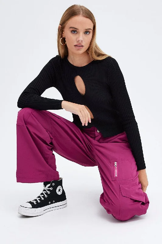 Purple Cargo Pants Mid-Rise Wide Leg Parachute